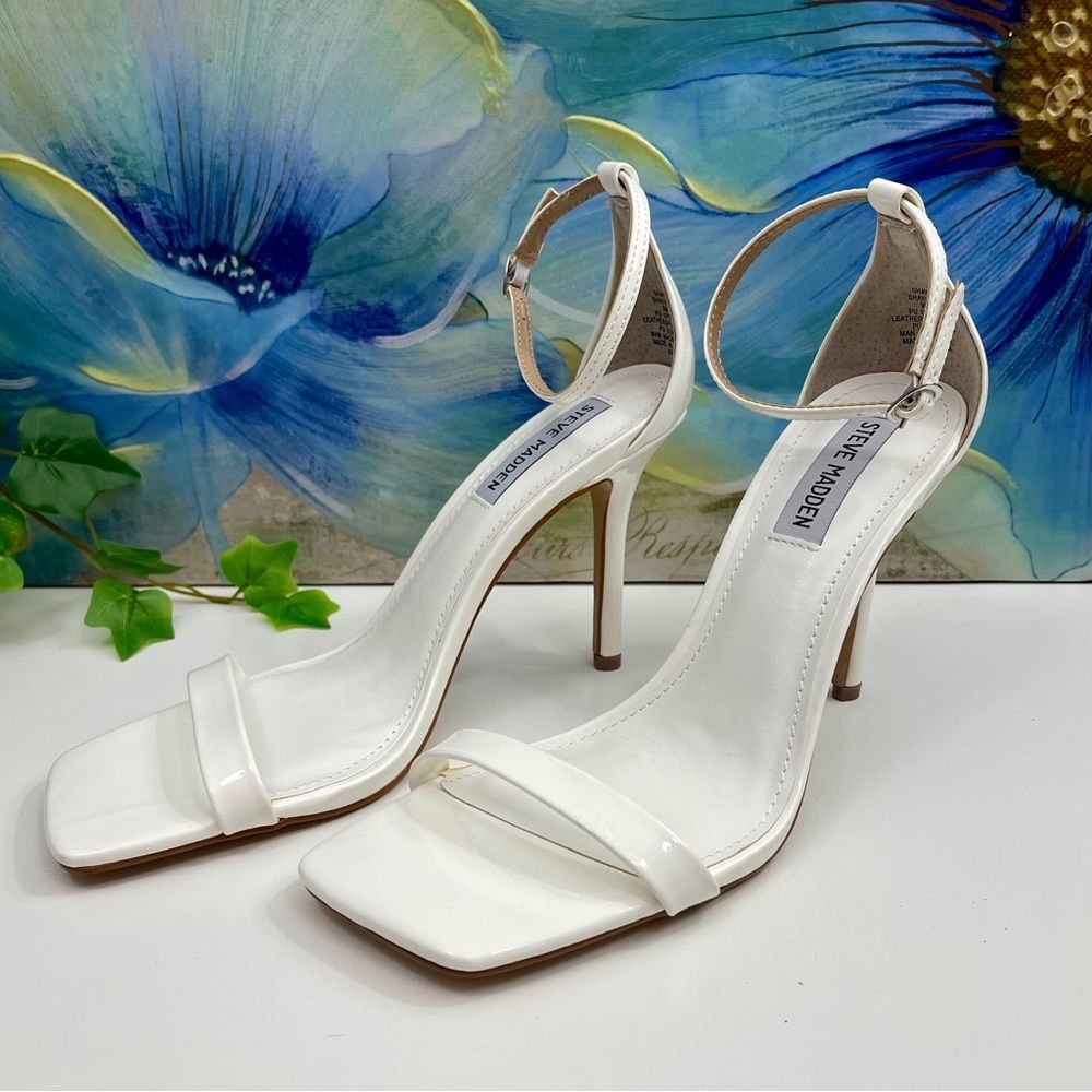 New Steve Madden Shaye Vegan Leather Ankle Strap Stiletto Heel Sandals in White